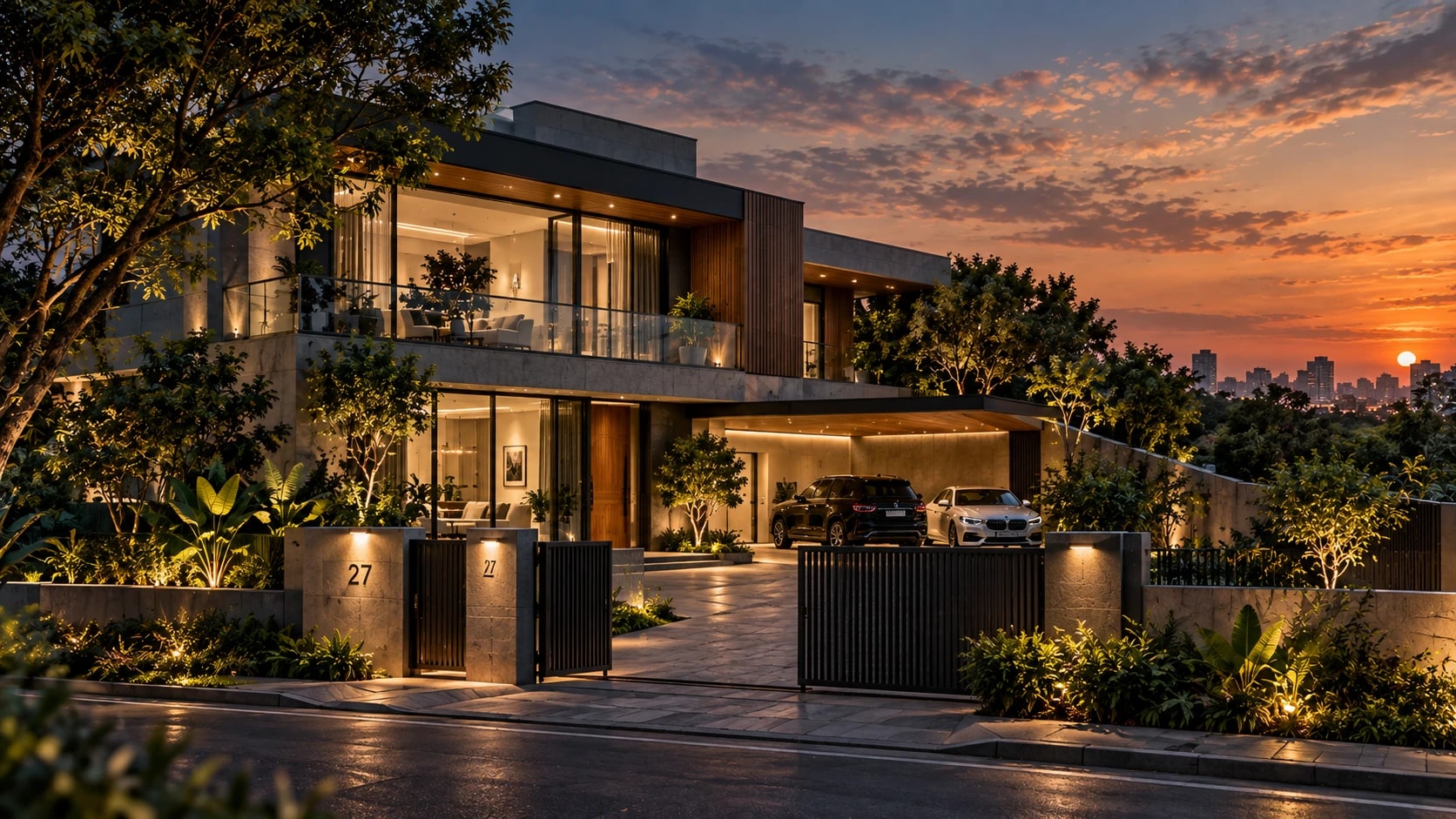 A modern residence at dusk, with camera coverage mapped across the entry and driveway